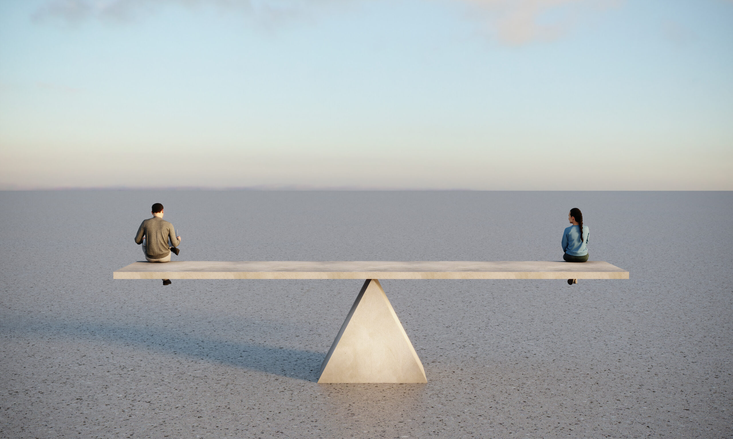 Man and woman are sitting on concrete seesaw, symbolizing gender equality. (3d render)