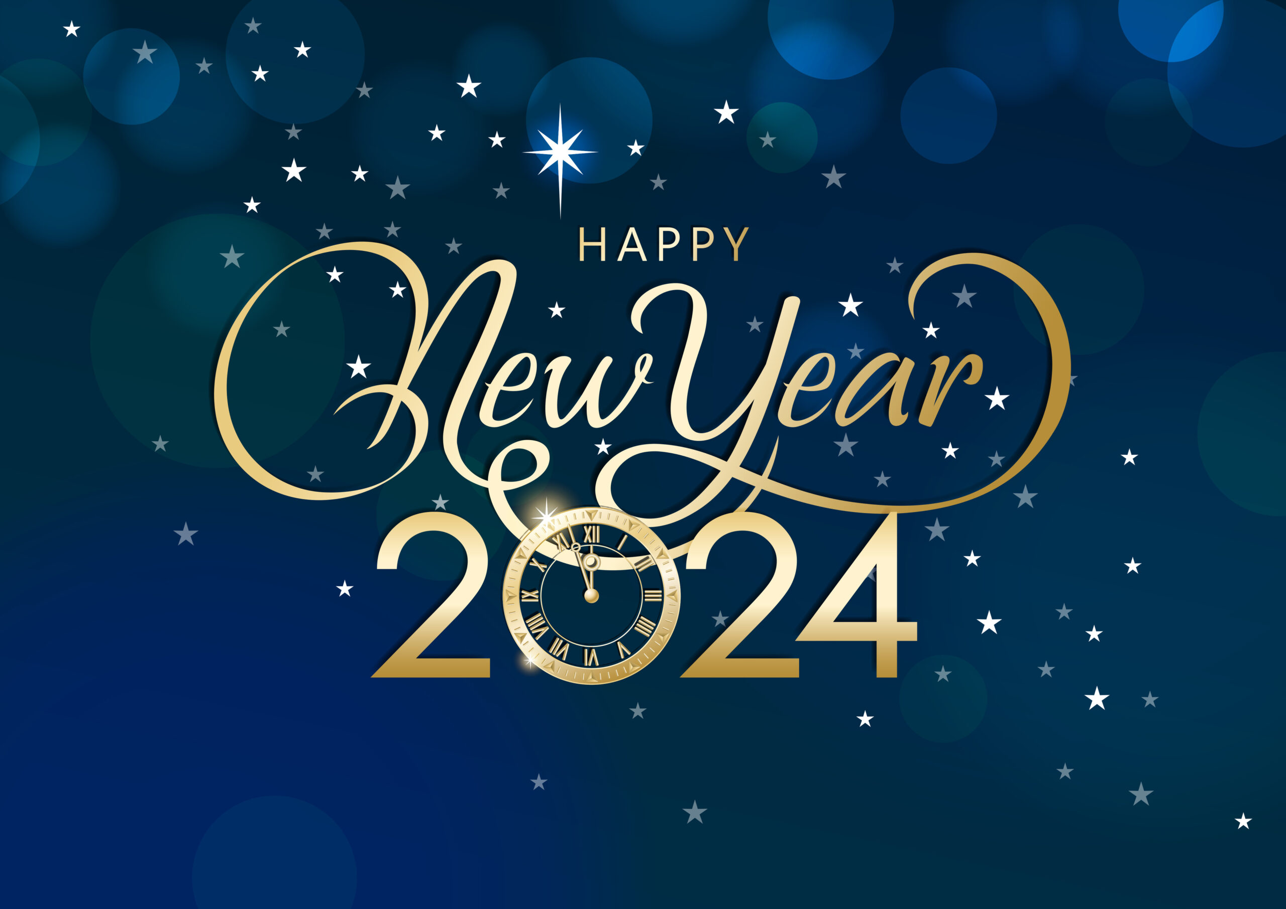 Join the countdown party on the New Year's Eve of 2024 with metallic clock and gold colored calligraphy on the starry background