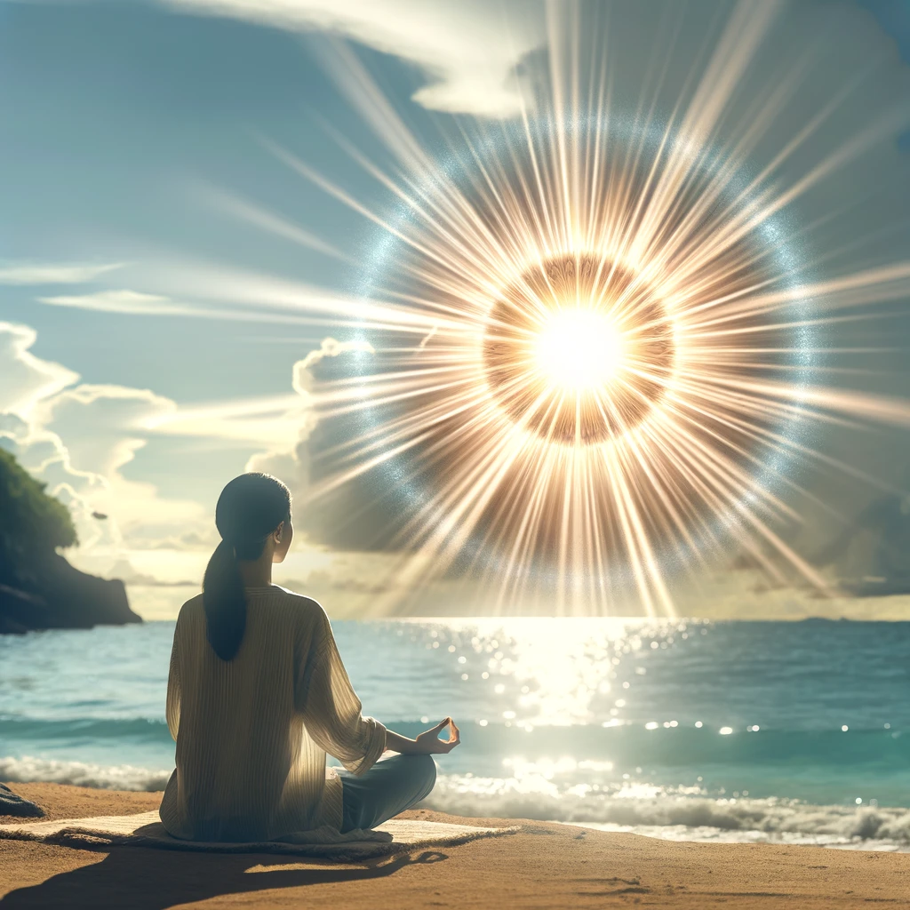 DALL·E 2024-01-13 21.33.42 - A photorealistic image of a woman sitting by the ocean, with healing energy flowing from the sun in the form of radiant light rays. The woman is depic