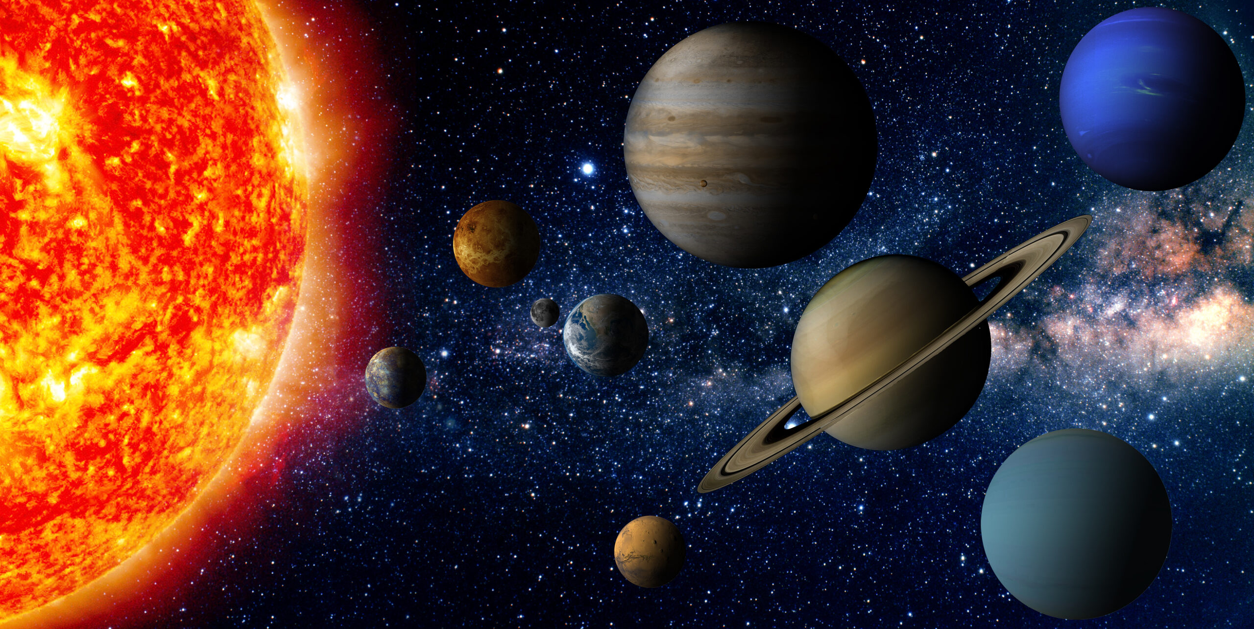 The sun and nine planets of our system orbiting