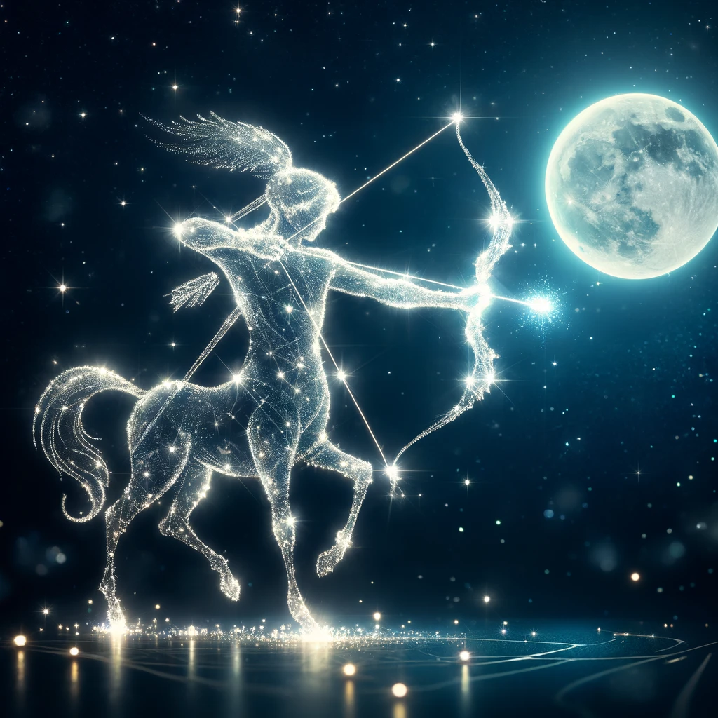 DALL·E 2024-11-30 13.08.28 - A mystical and captivating image of the Sagittarius constellation depicted as a glowing archer made of stars. The stars are interconnected by radiant