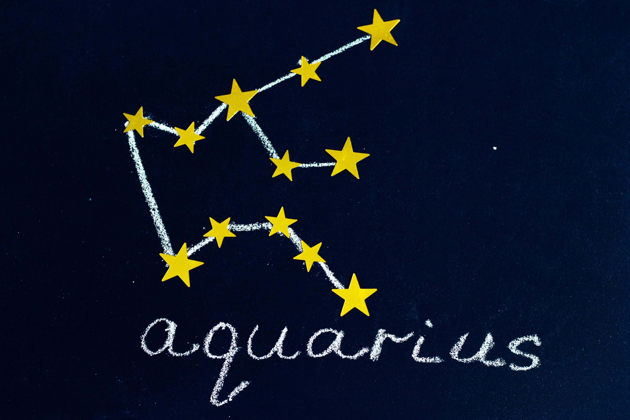 constellation Aquarius drawn in chalk and gold stars on a chalkboard looking like a night starry sky